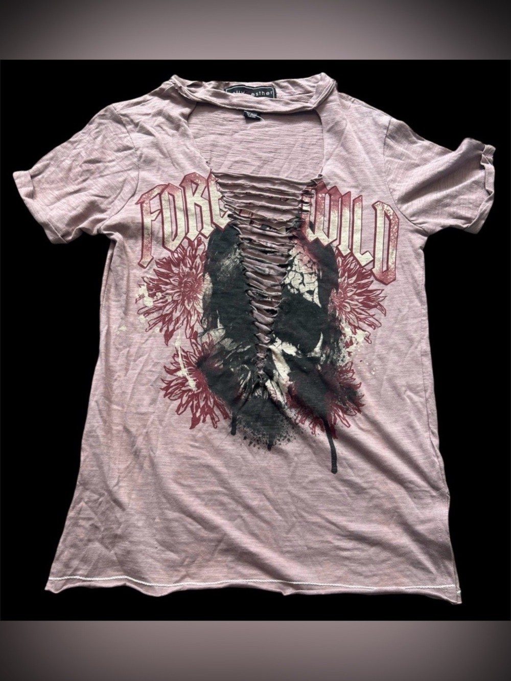 NWOT Polly & Esther Forever Wild Distressed Choker Lace Up Graphic Tee XS